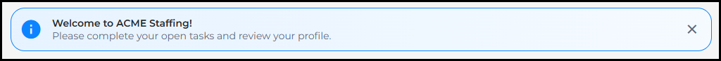 A welcome banner at the top of the home page with a message from the staffing agency
